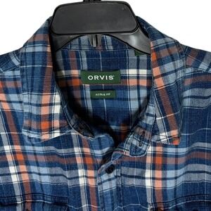 ORVIS Mens Plaid Button Down Shirt Active Fit Blue Orange Long Sleeve Cotton